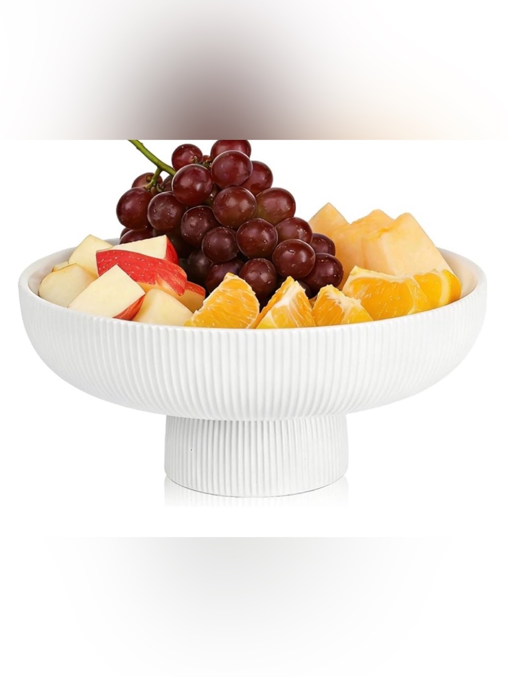 New White Ribbed Ceramic Pedestal Fruit Bowl - White